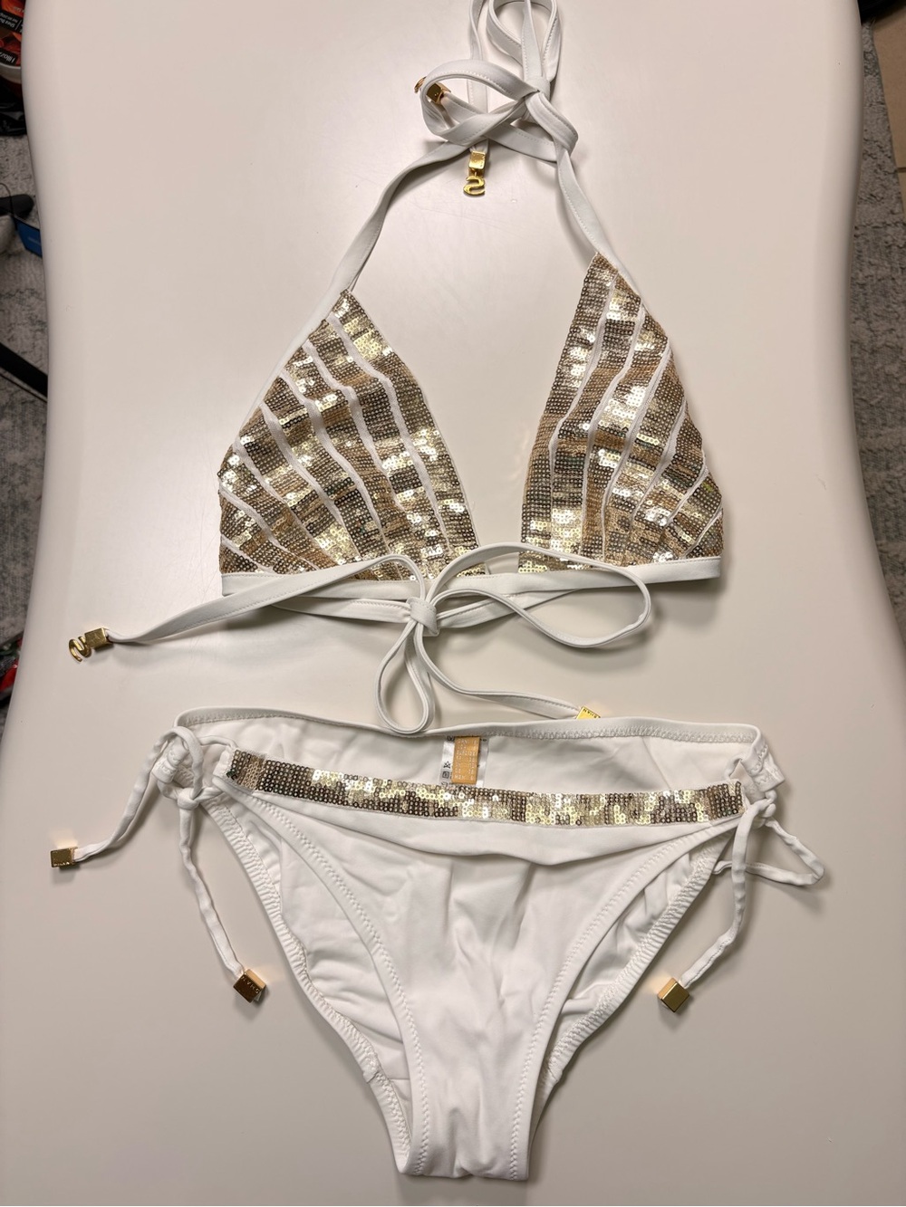 SHAN White Bikini with Gold Sequin Stripes